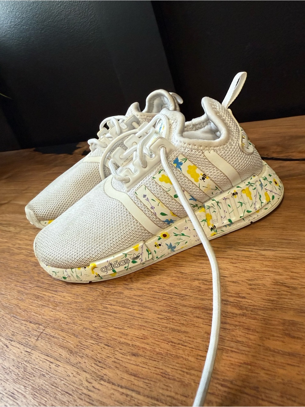 adidas Kids White Sneakers with Yellow & Green Floral Midsole